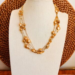 VTG Style Layered Gold Tone Necklace Champagne Pearl Amber Bead Multi Strand